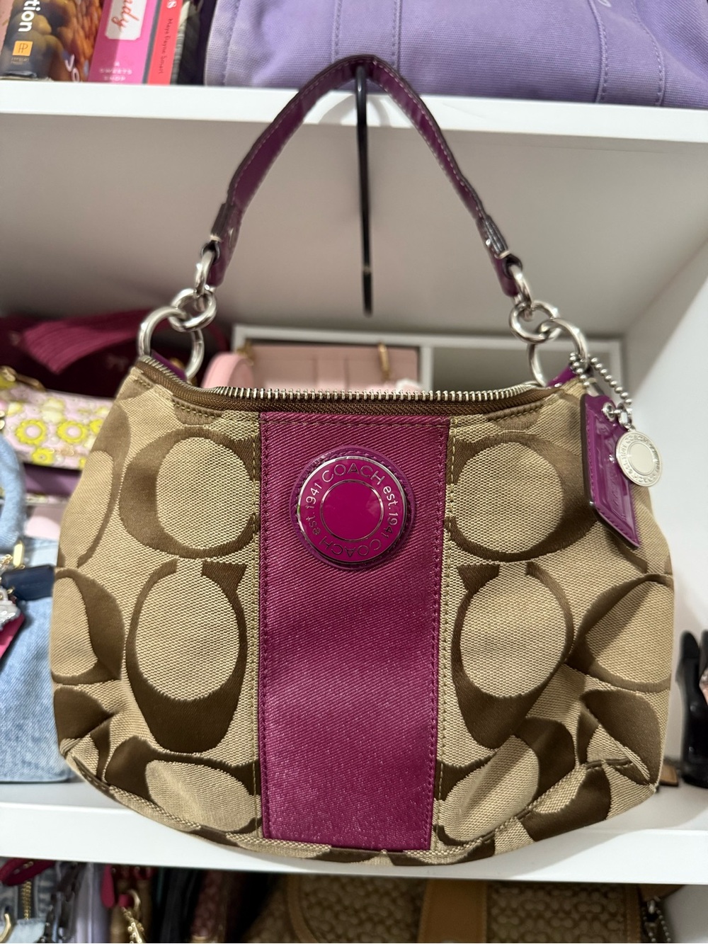 Coach Canvas Shoulder Bag in Khaki and Plum